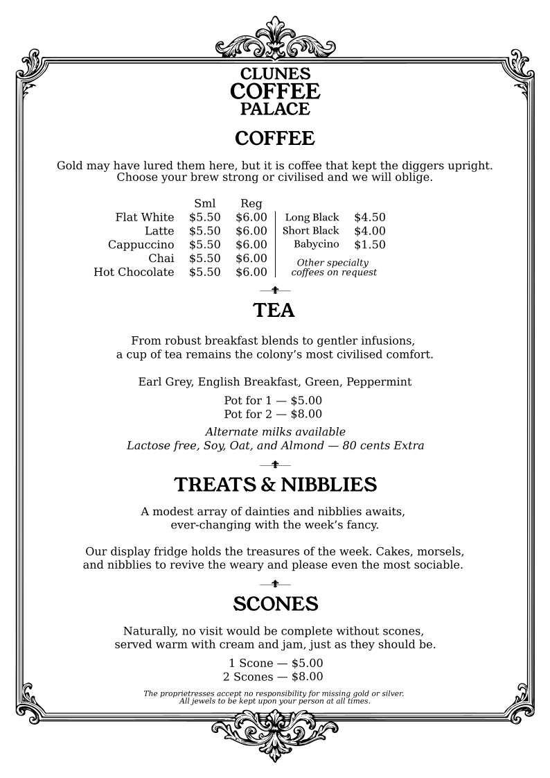 Menu, Clunes Coffee Palace