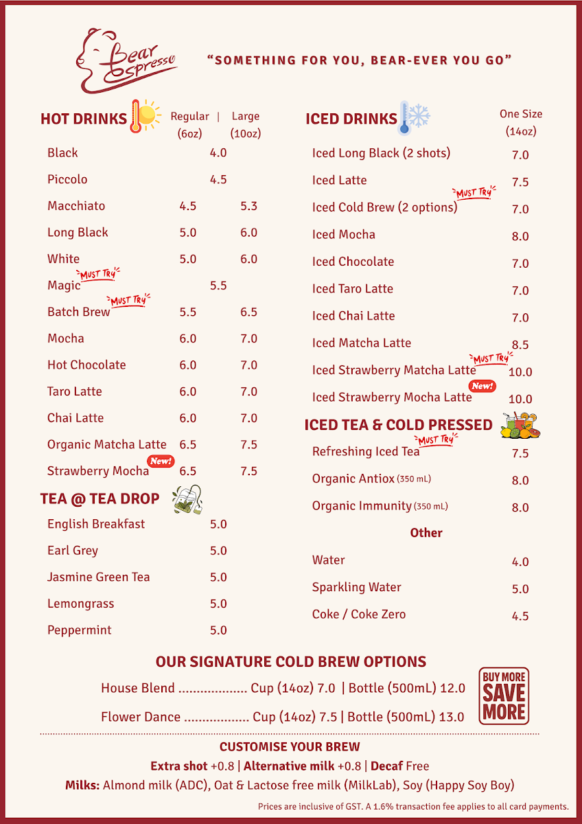Menu, Bear Espresso Bar
