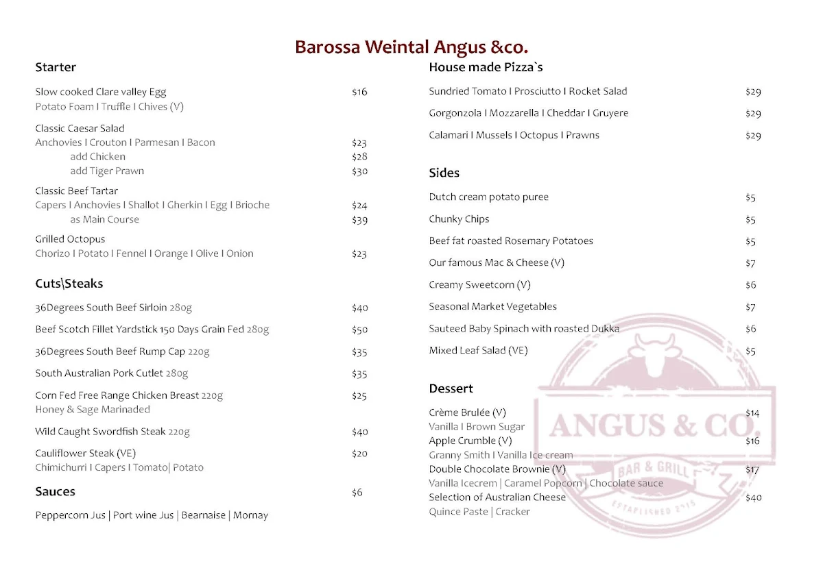 Menu, Angus & Co. Barossa
