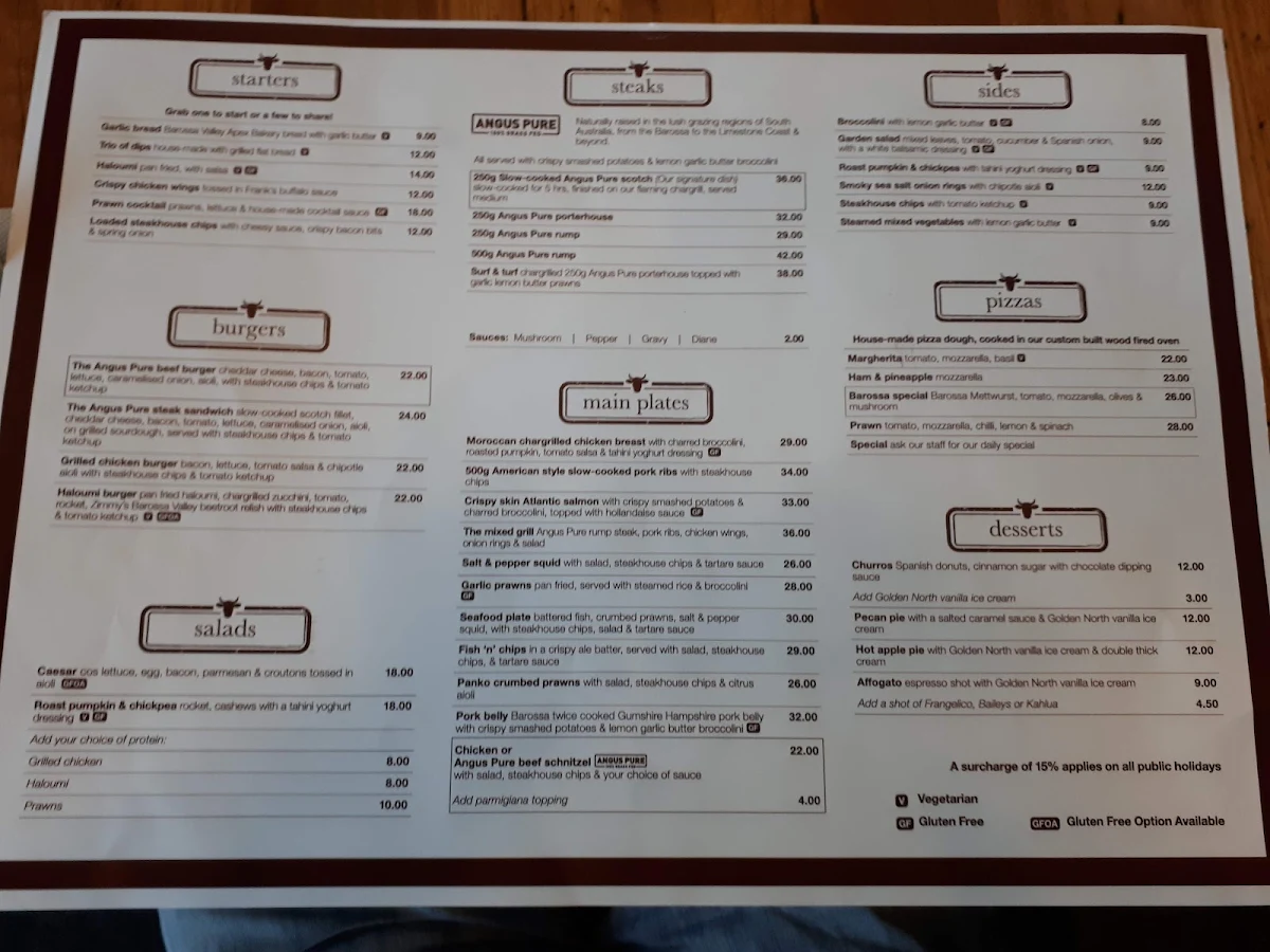Menu, Angus & Co. Barossa