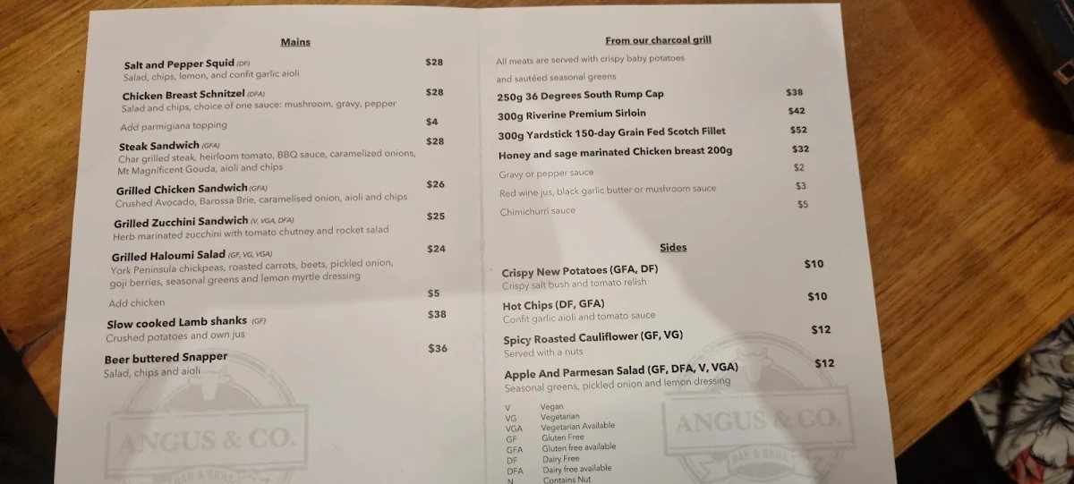 Menu, Angus & Co. Barossa
