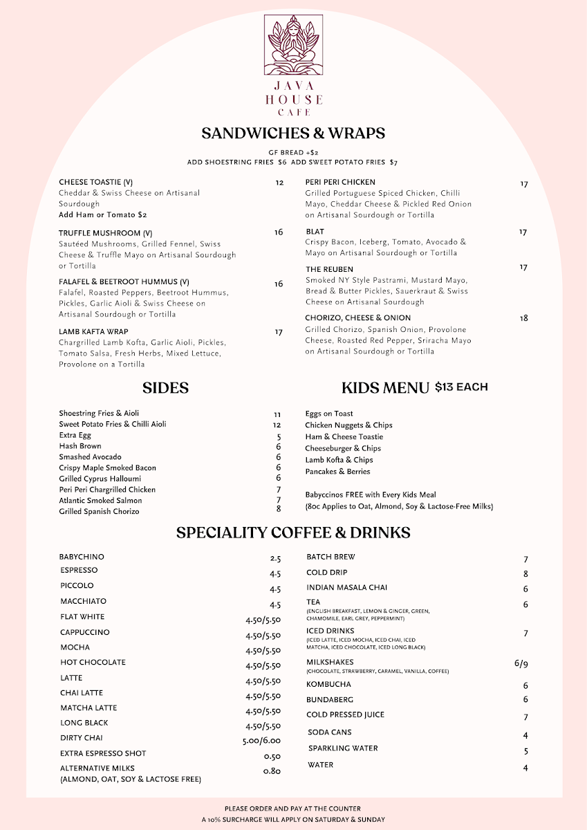 Menu, Java House Cafe Epping
