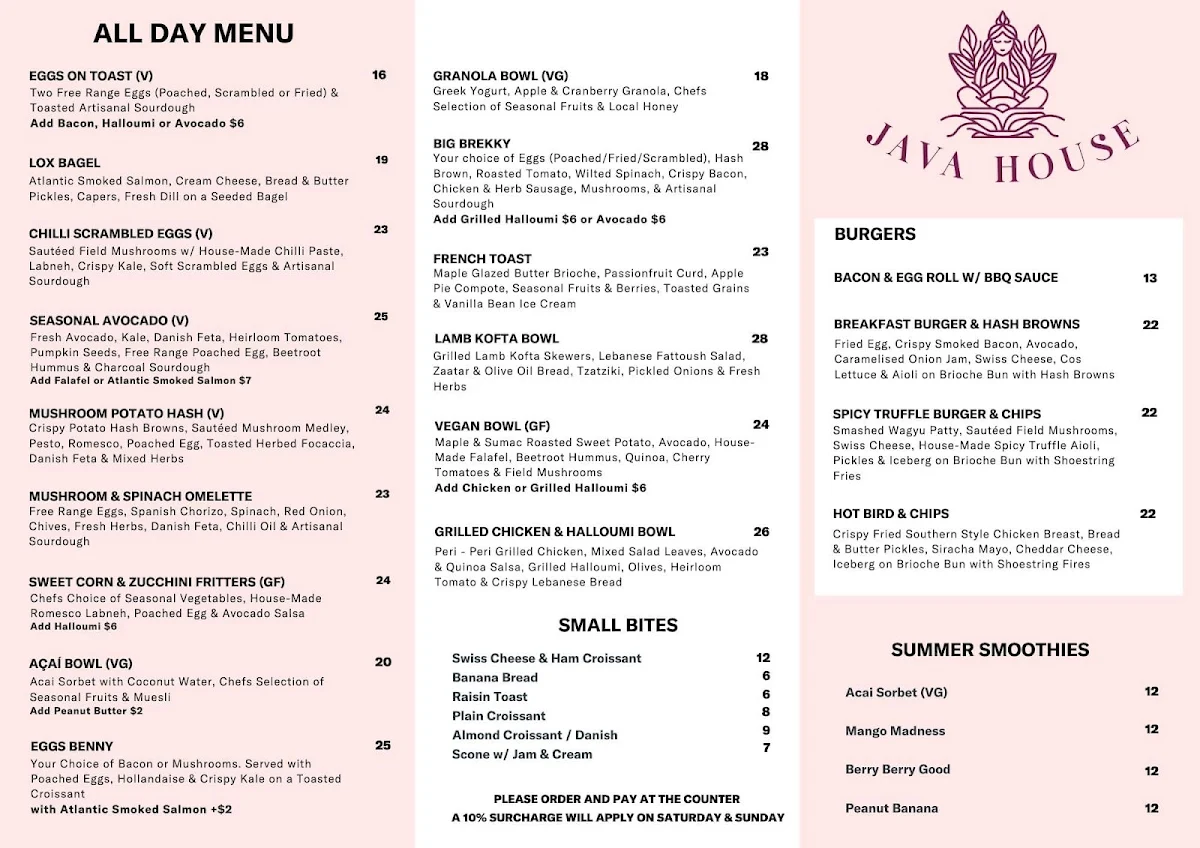 Menu, Java House Cafe Epping