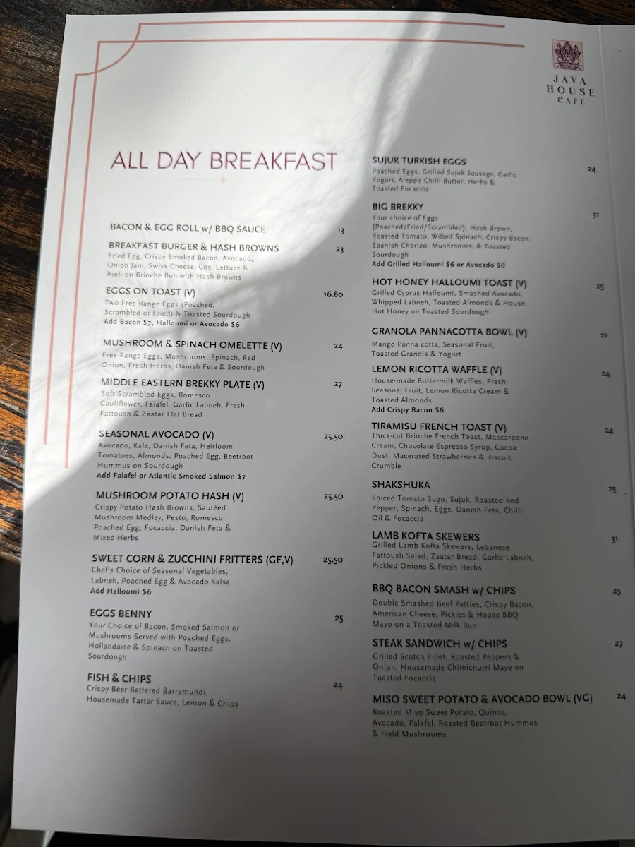 Menu, Java House Cafe Epping