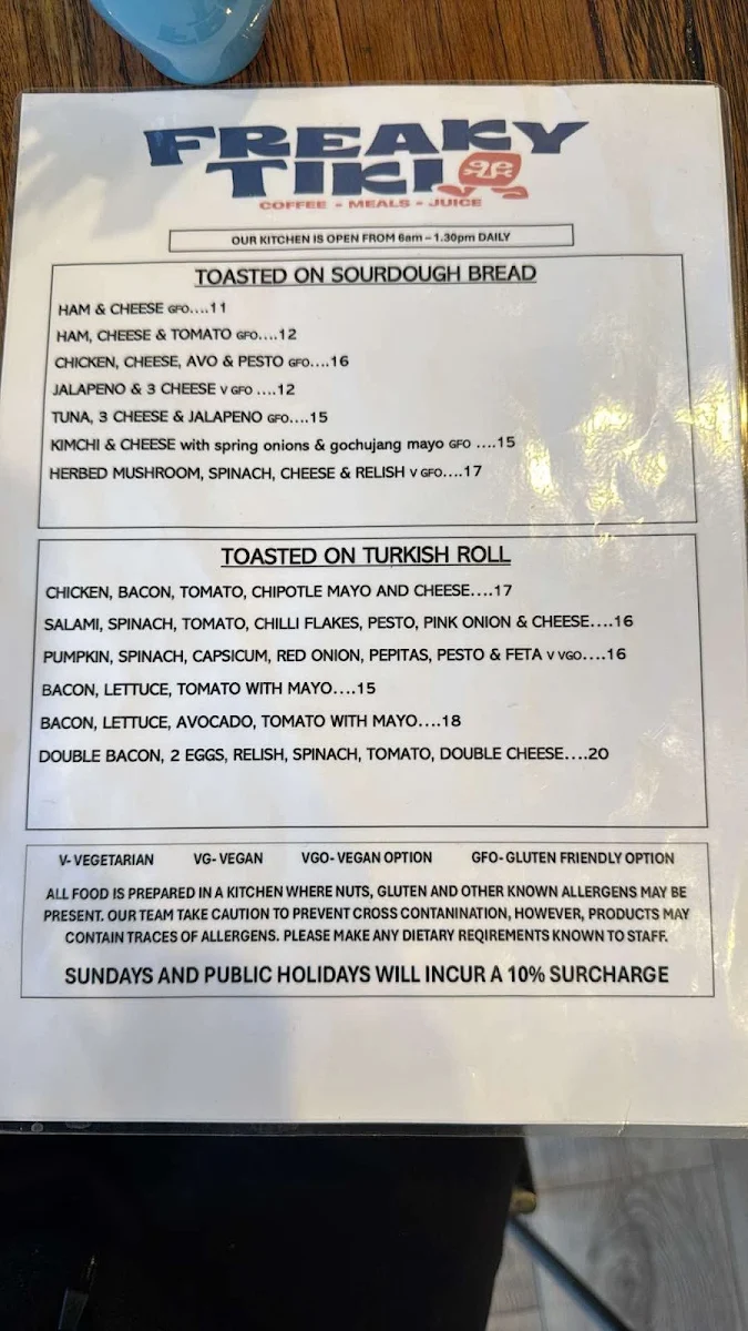 Menu, Freaky Tiki Cafe