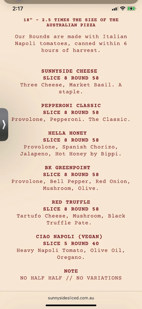 Menu, Sunnyside Sliced - Mentone