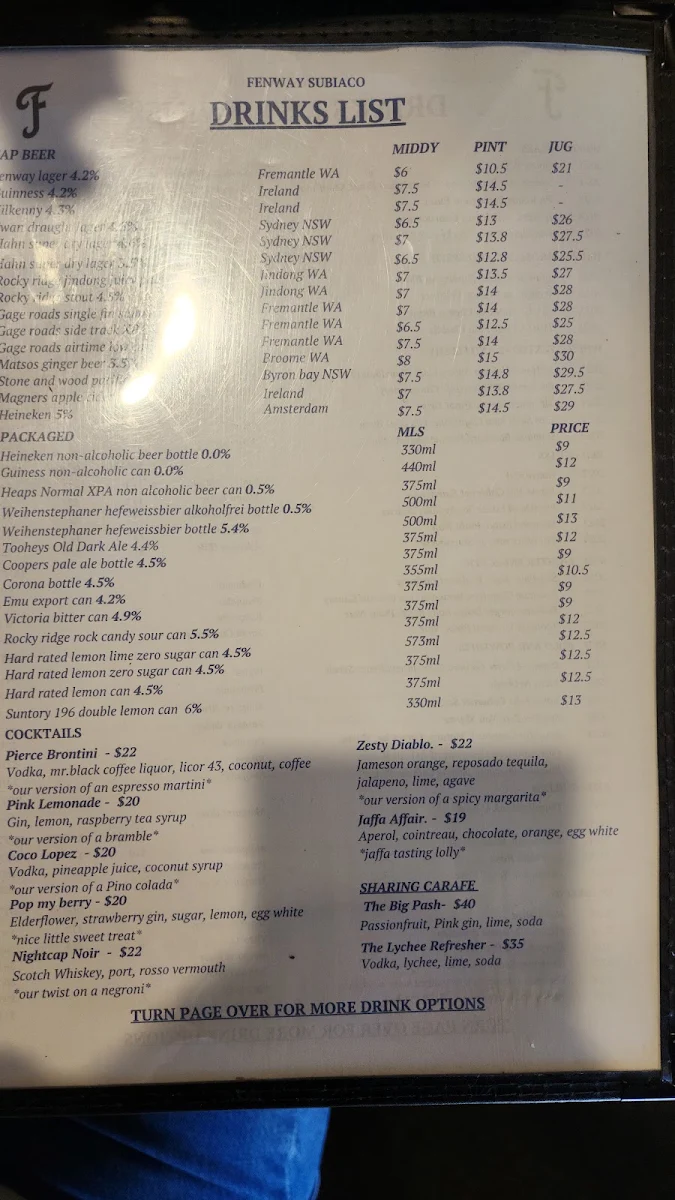 Menu, Fenway Subiaco
