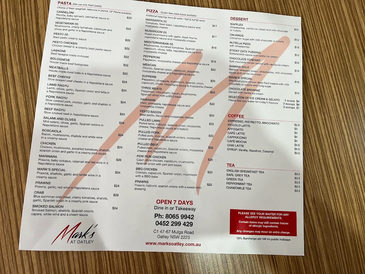 Menu, Mark's at Oatley