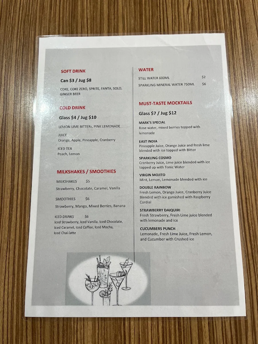 Menu, Mark's at Oatley