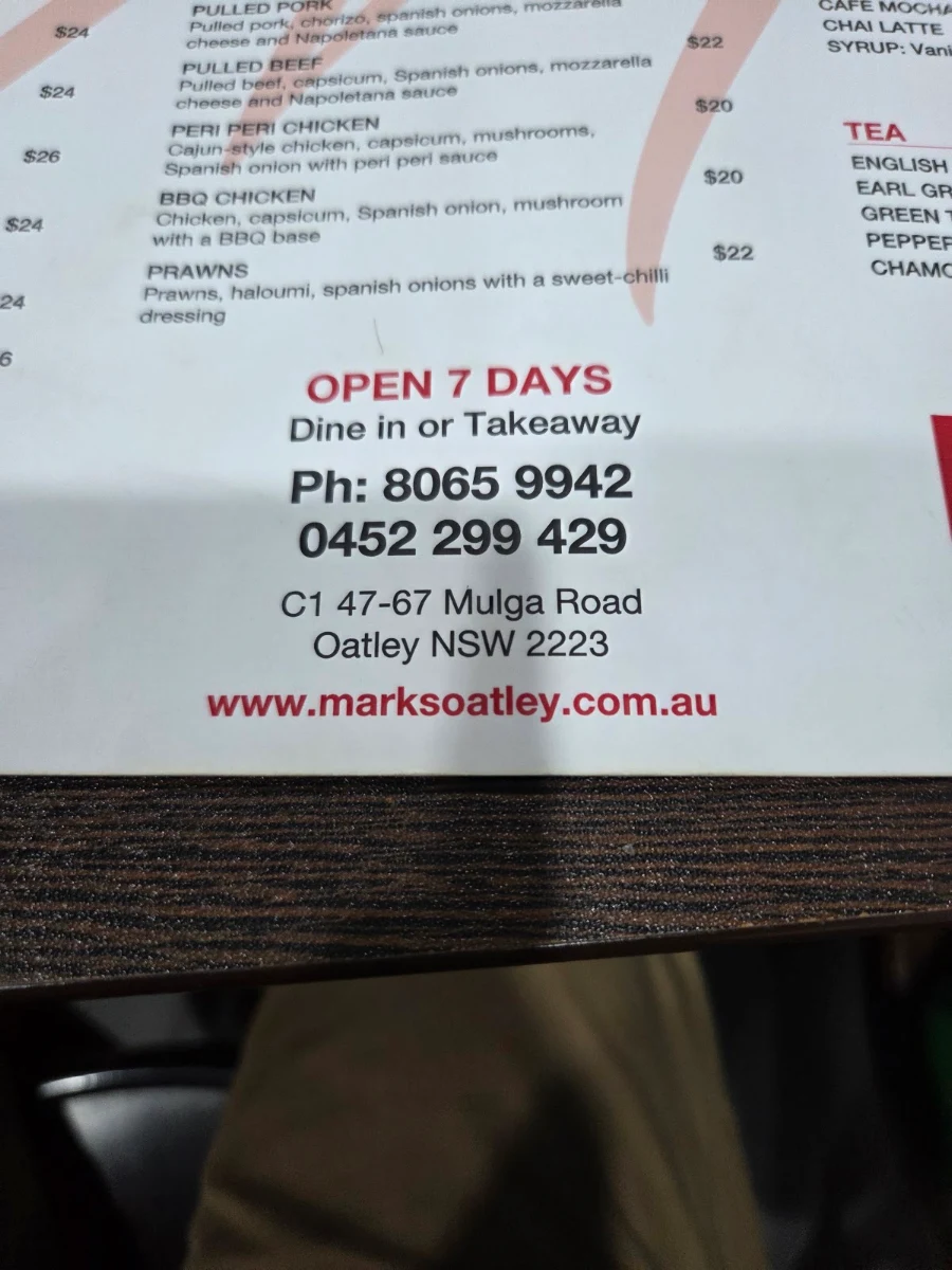 Menu, Mark's at Oatley