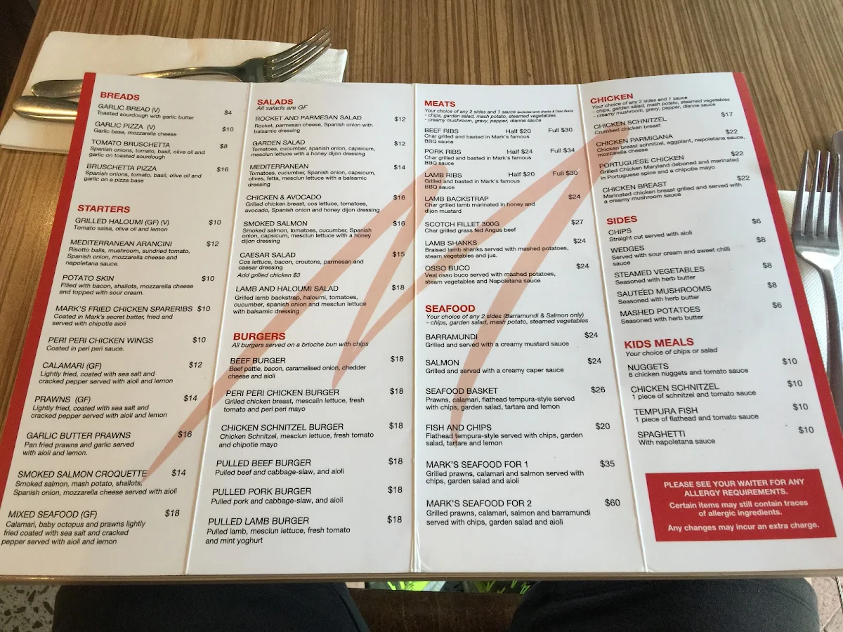 Menu, Mark's at Oatley