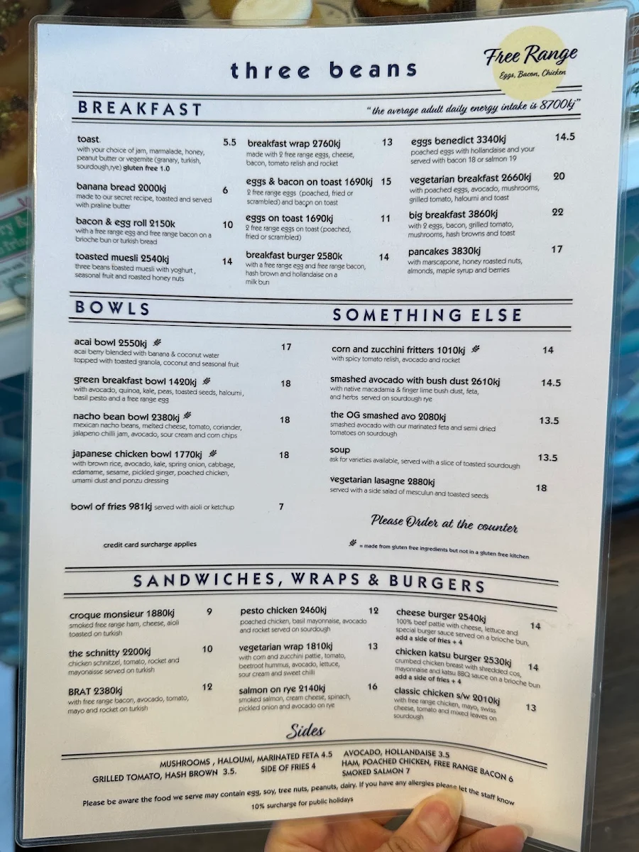 Menu, Three Beans Warringah Mall