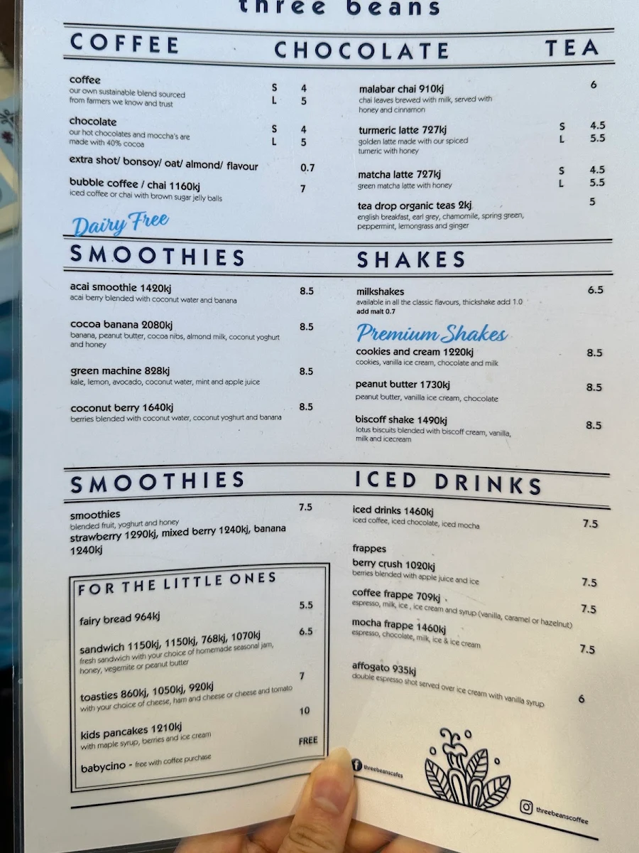 Menu, Three Beans Warringah Mall