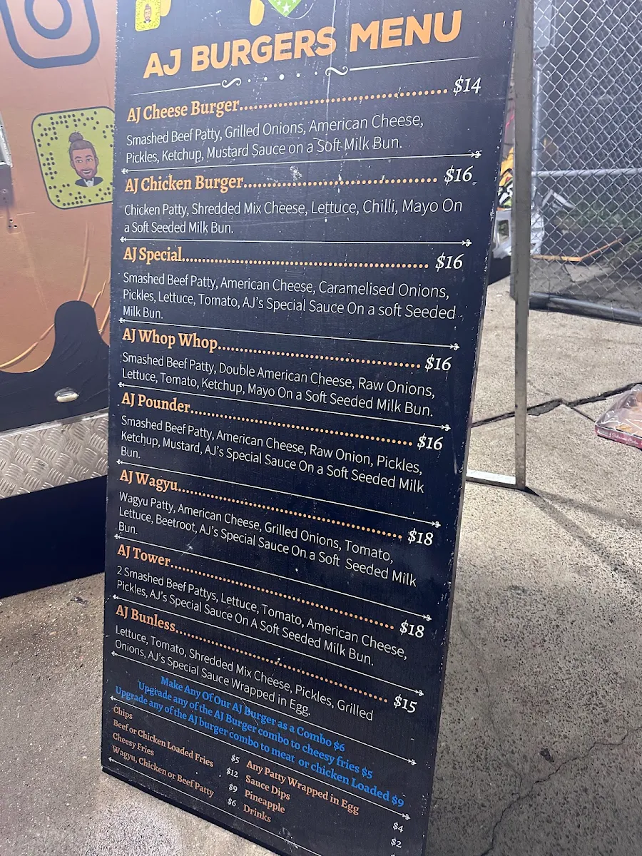 Menu, AJ Burgers Sefton