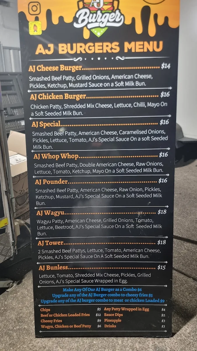 Menu, AJ Burgers Sefton