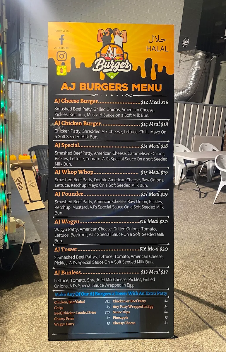 Menu, AJ Burgers Sefton