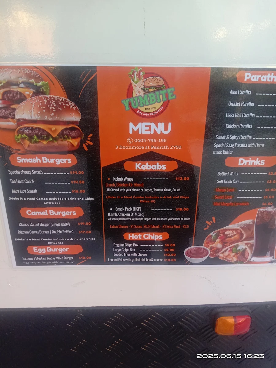 Menu, Yumbite Kebabs & Burgers