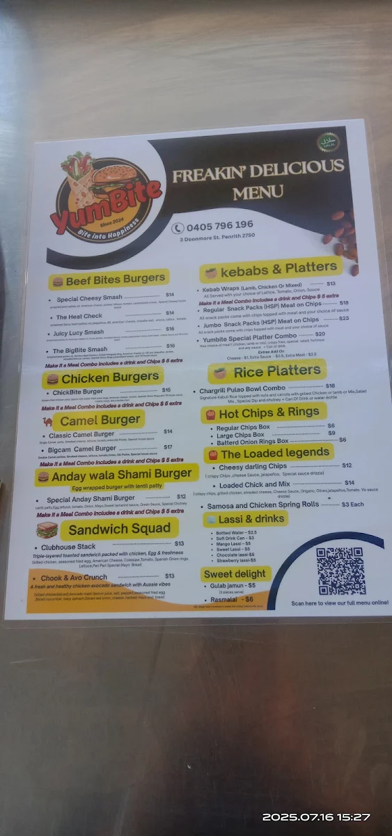 Menu, Yumbite Kebabs & Burgers