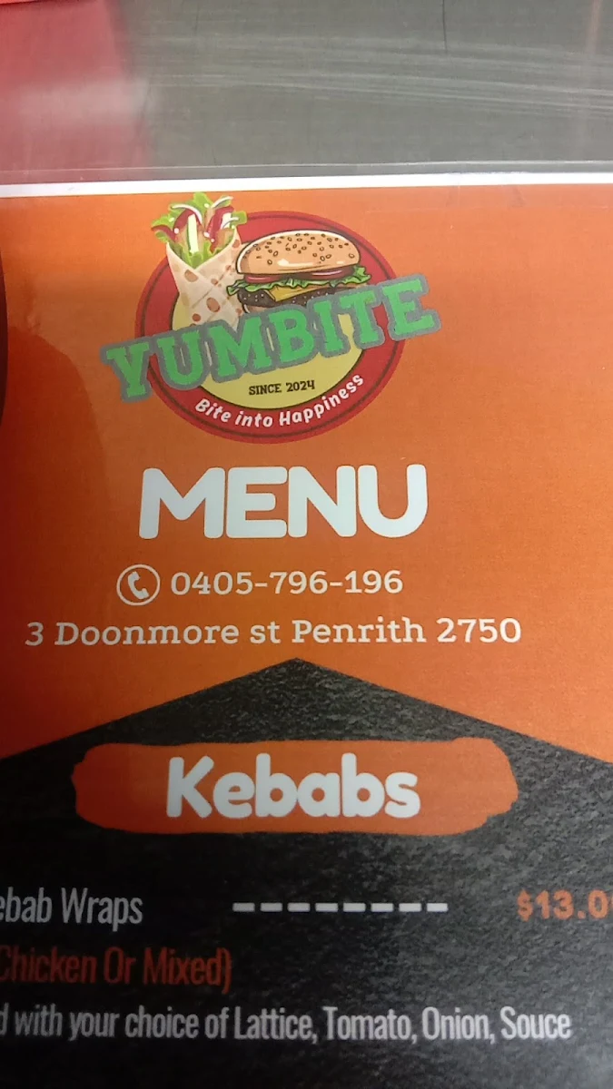 Menu, Yumbite Kebabs & Burgers