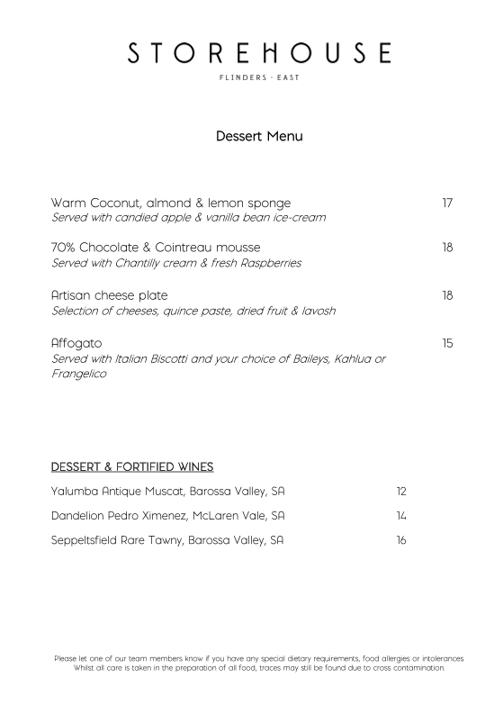 Menu, Storehouse Flinders East