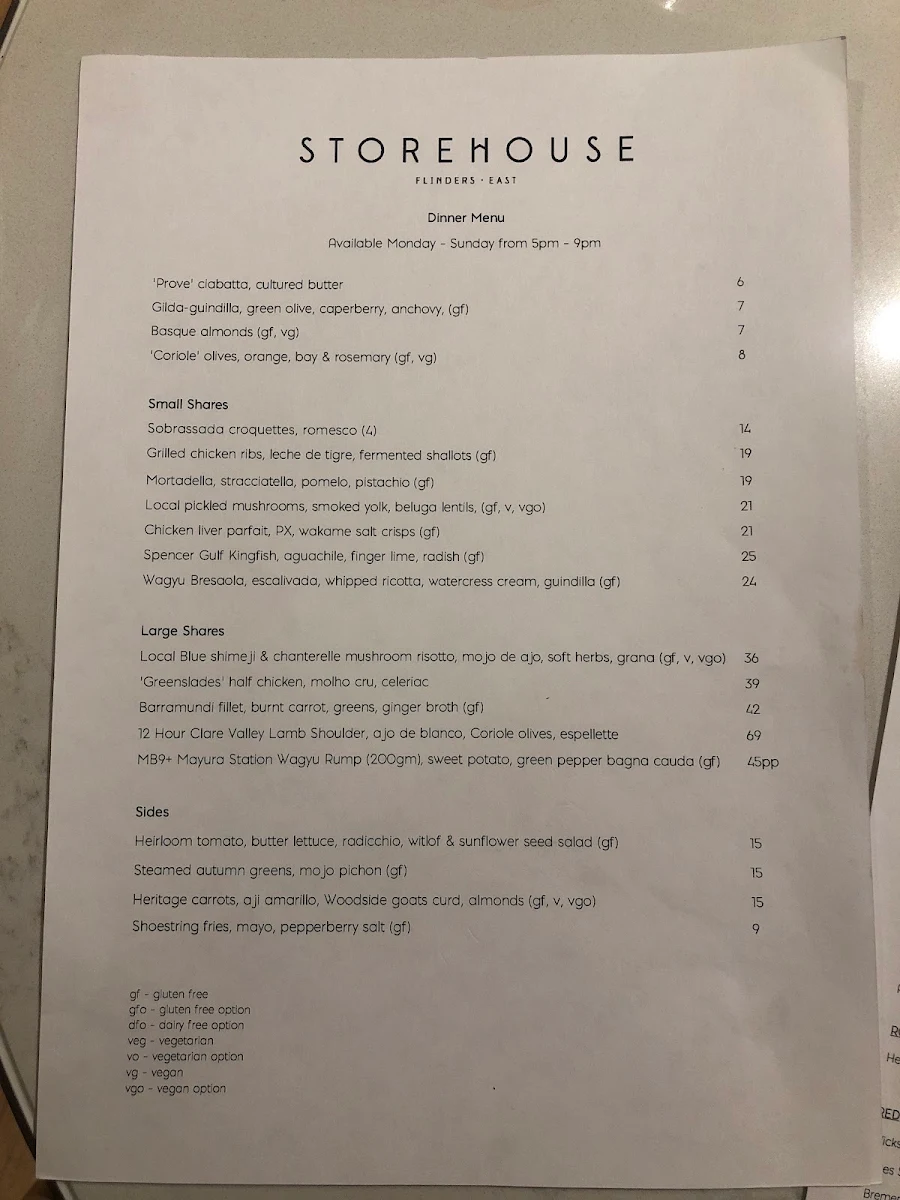 Menu, Storehouse Flinders East