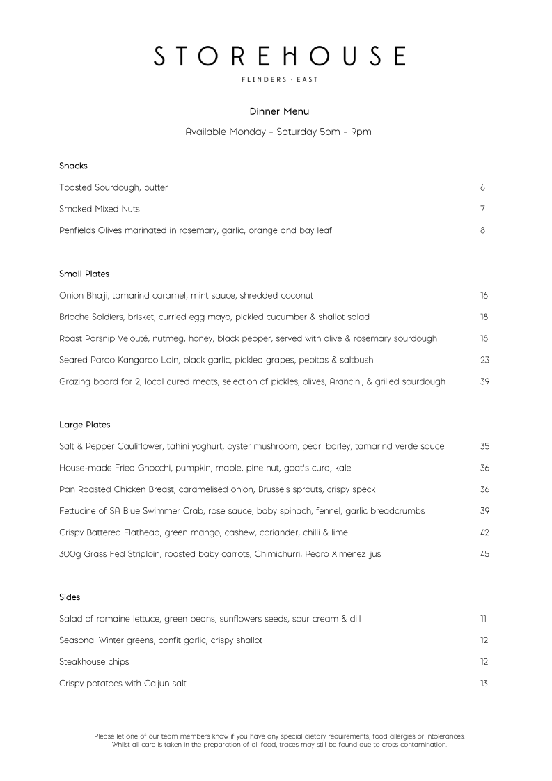 Menu, Storehouse Flinders East