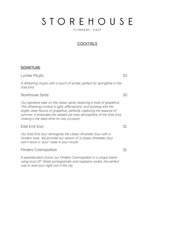 Menu, Storehouse Flinders East