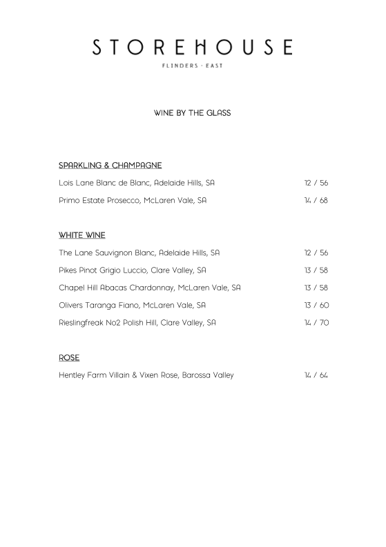 Menu, Storehouse Flinders East