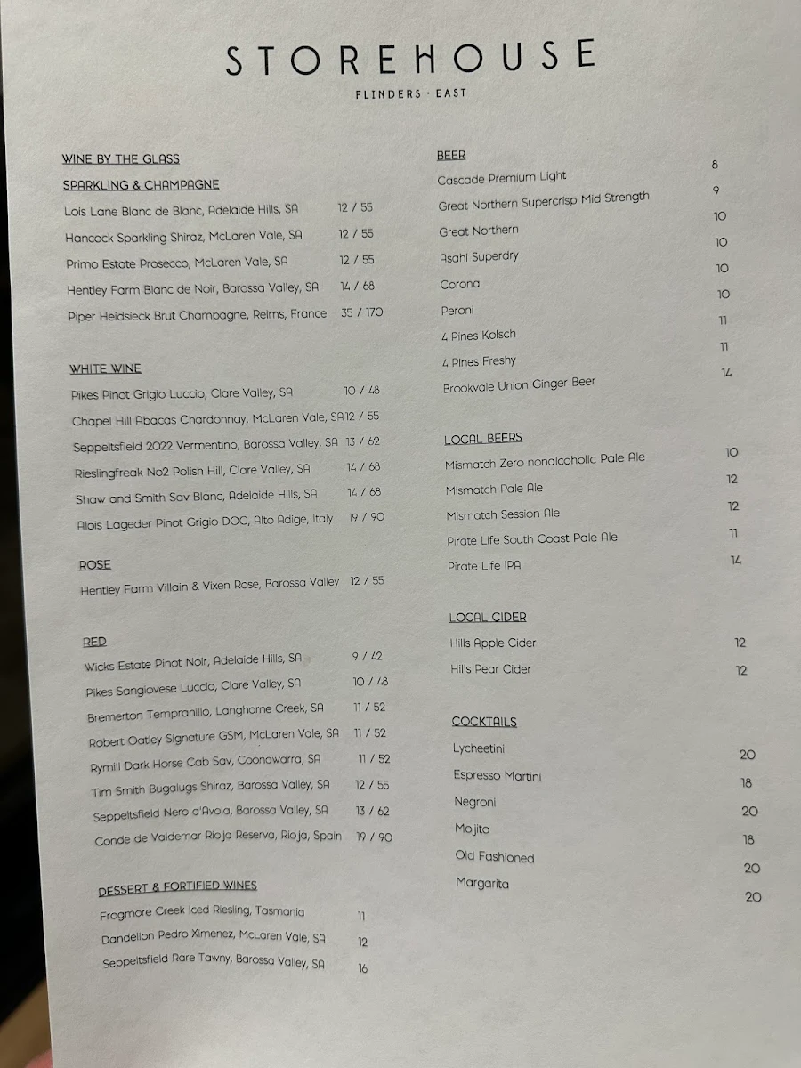 Menu, Storehouse Flinders East