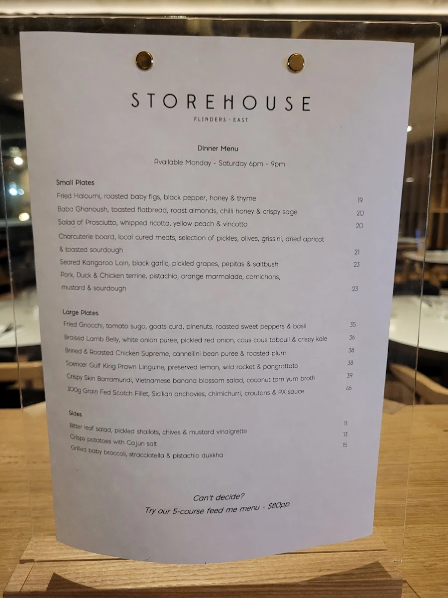 Menu, Storehouse Flinders East