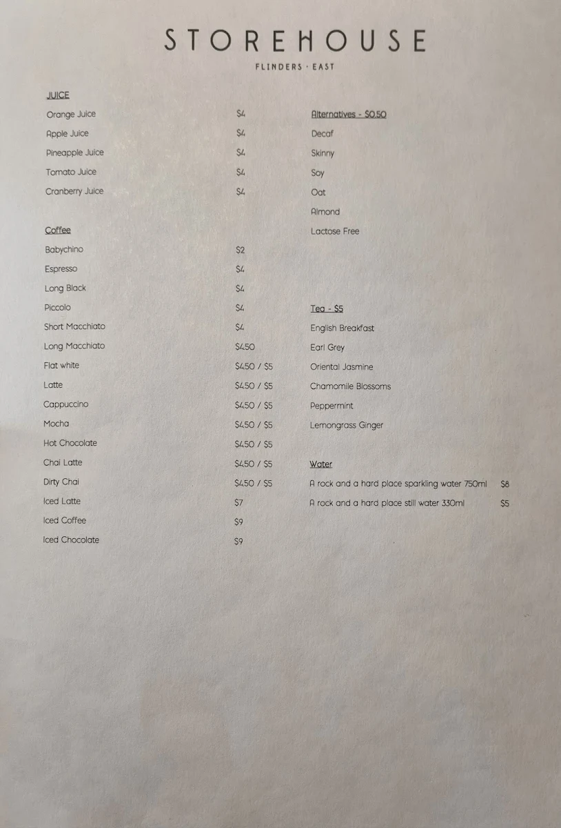 Menu, Storehouse Flinders East