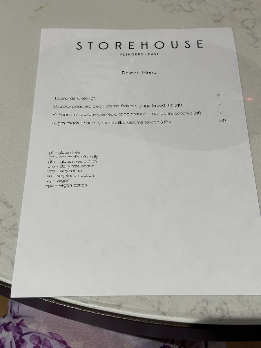 Menu, Storehouse Flinders East