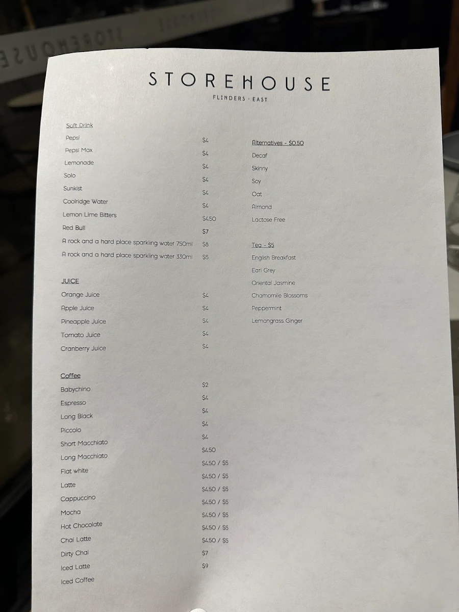 Menu, Storehouse Flinders East