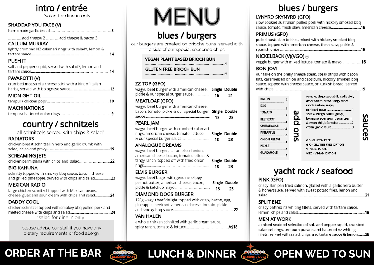 Menu, Diamond Dogs Music Lounge & Bar