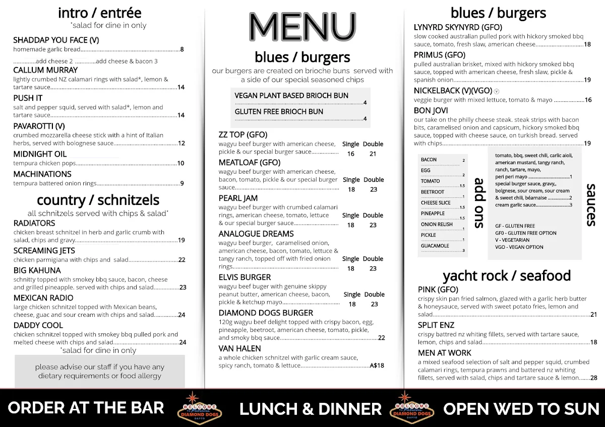 Menu, Diamond Dogs Music Lounge & Bar