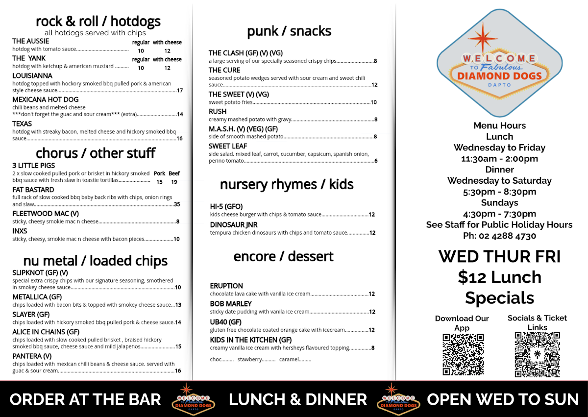 Menu, Diamond Dogs Music Lounge & Bar