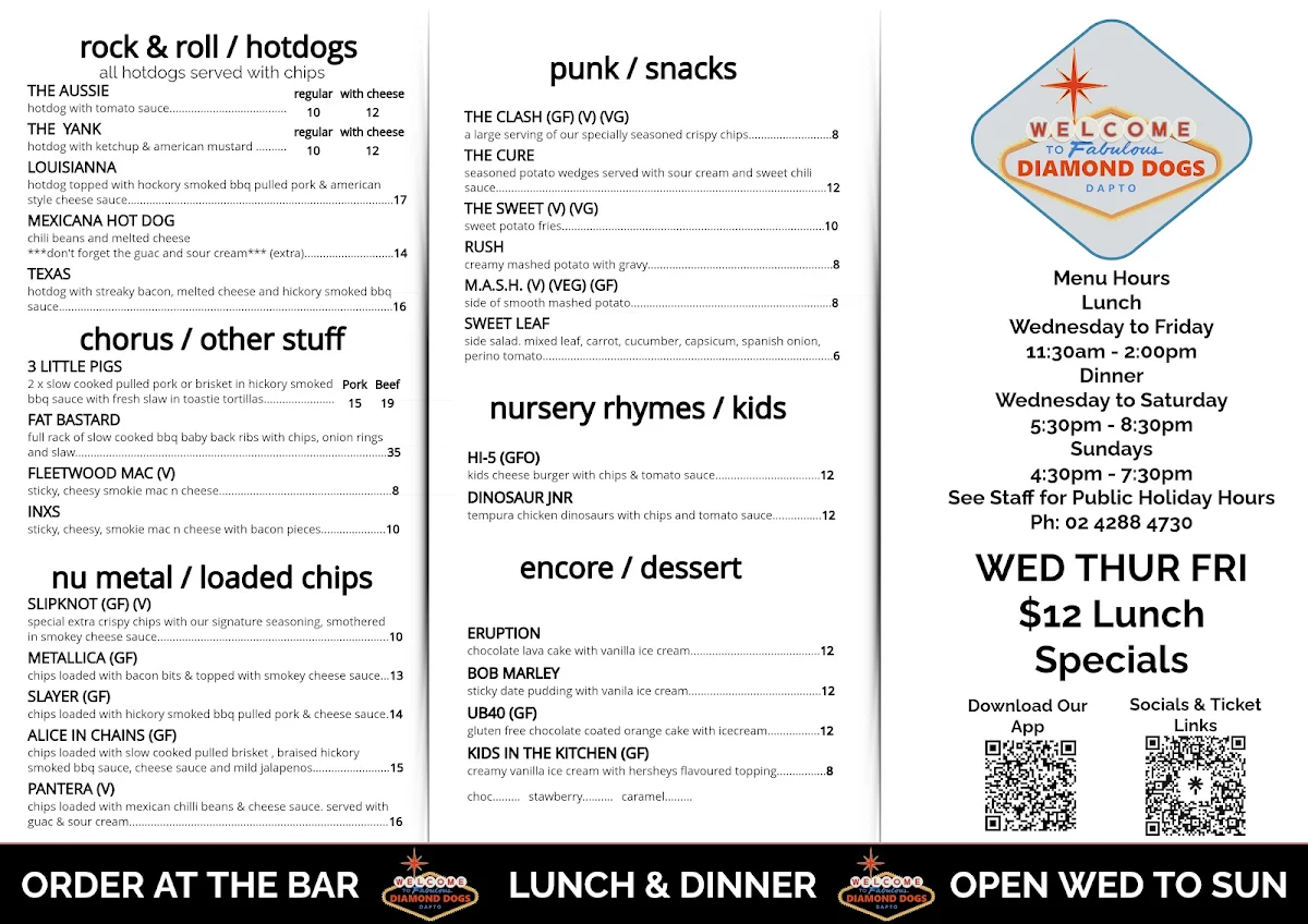 Menu, Diamond Dogs Music Lounge & Bar