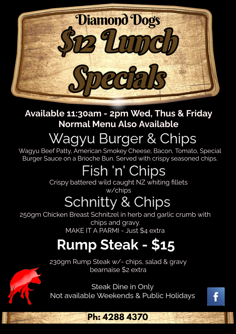 Menu, Diamond Dogs Music Lounge & Bar