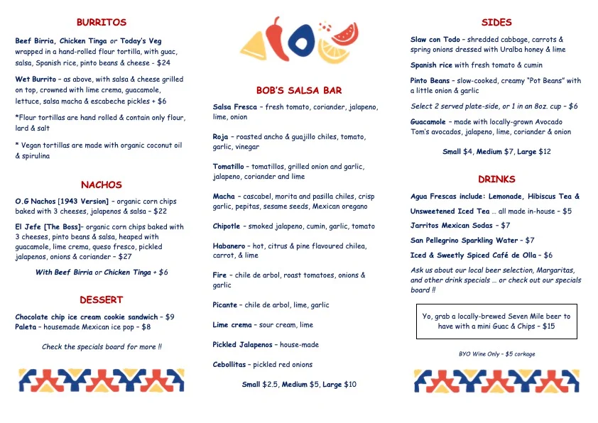 Menu, Bob's Tacos
