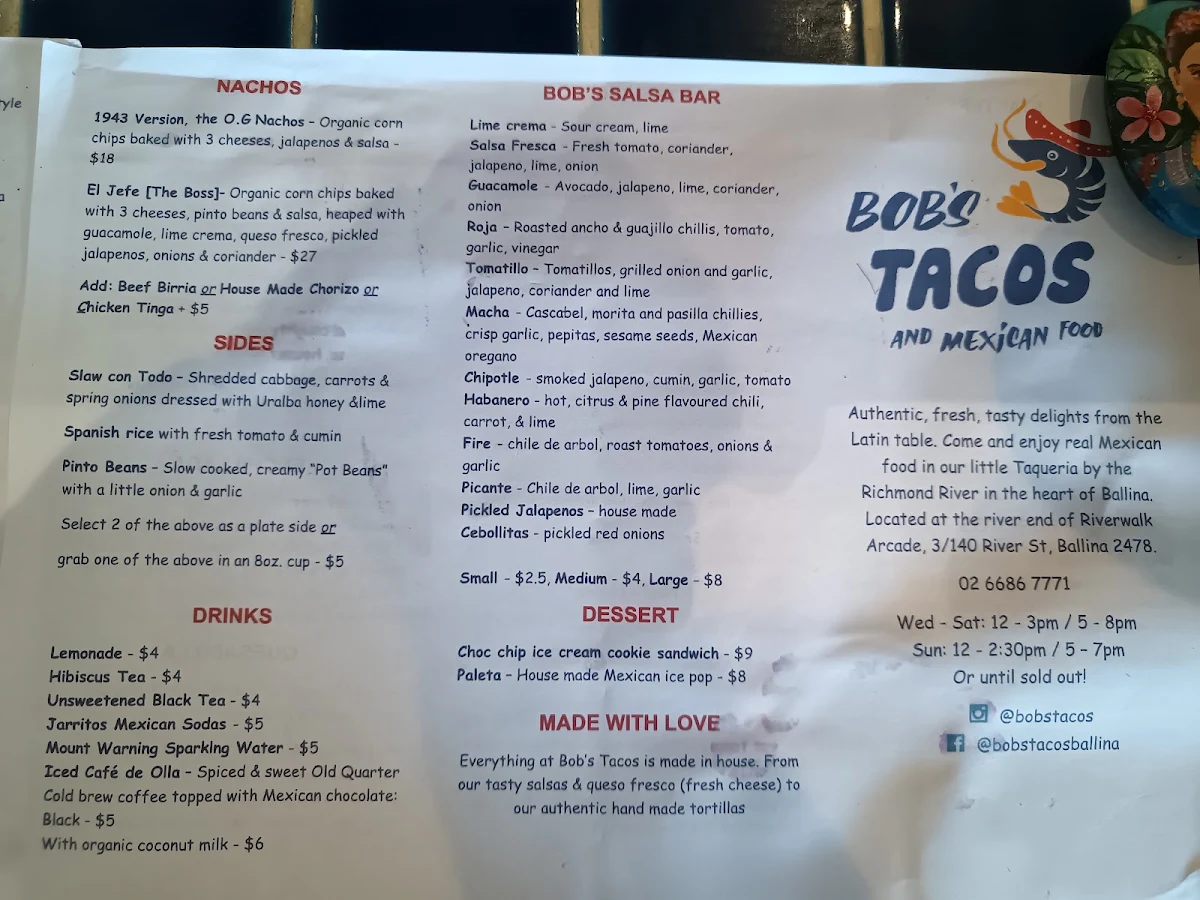 Menu, Bob's Tacos