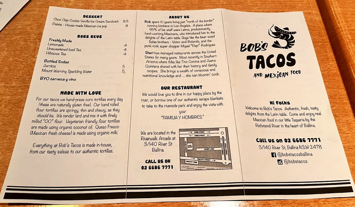 Menu, Bob's Tacos