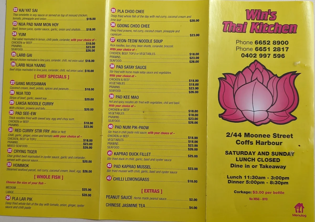 Menu, Win's Thai Kitchen