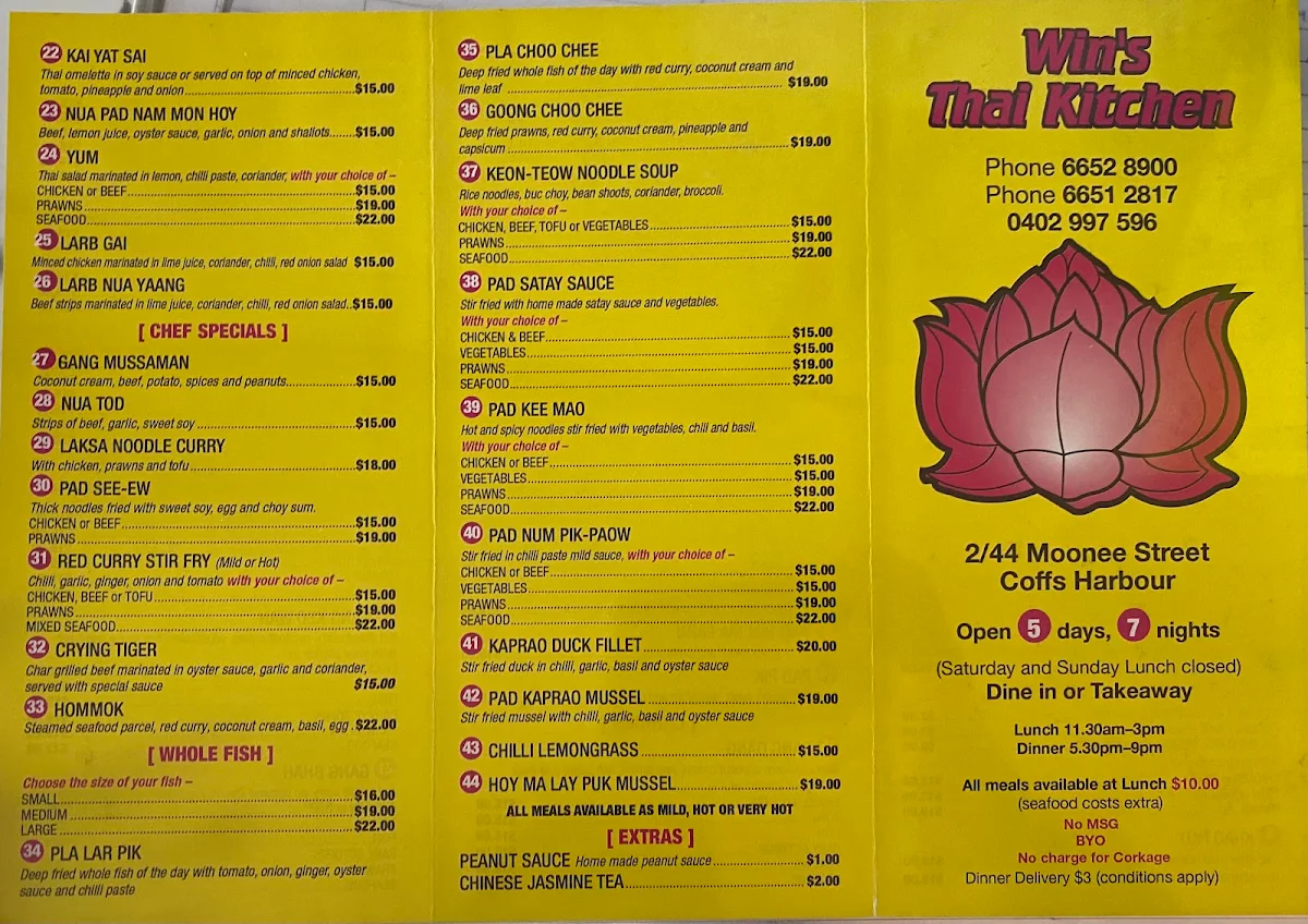 Menu, Win's Thai Kitchen