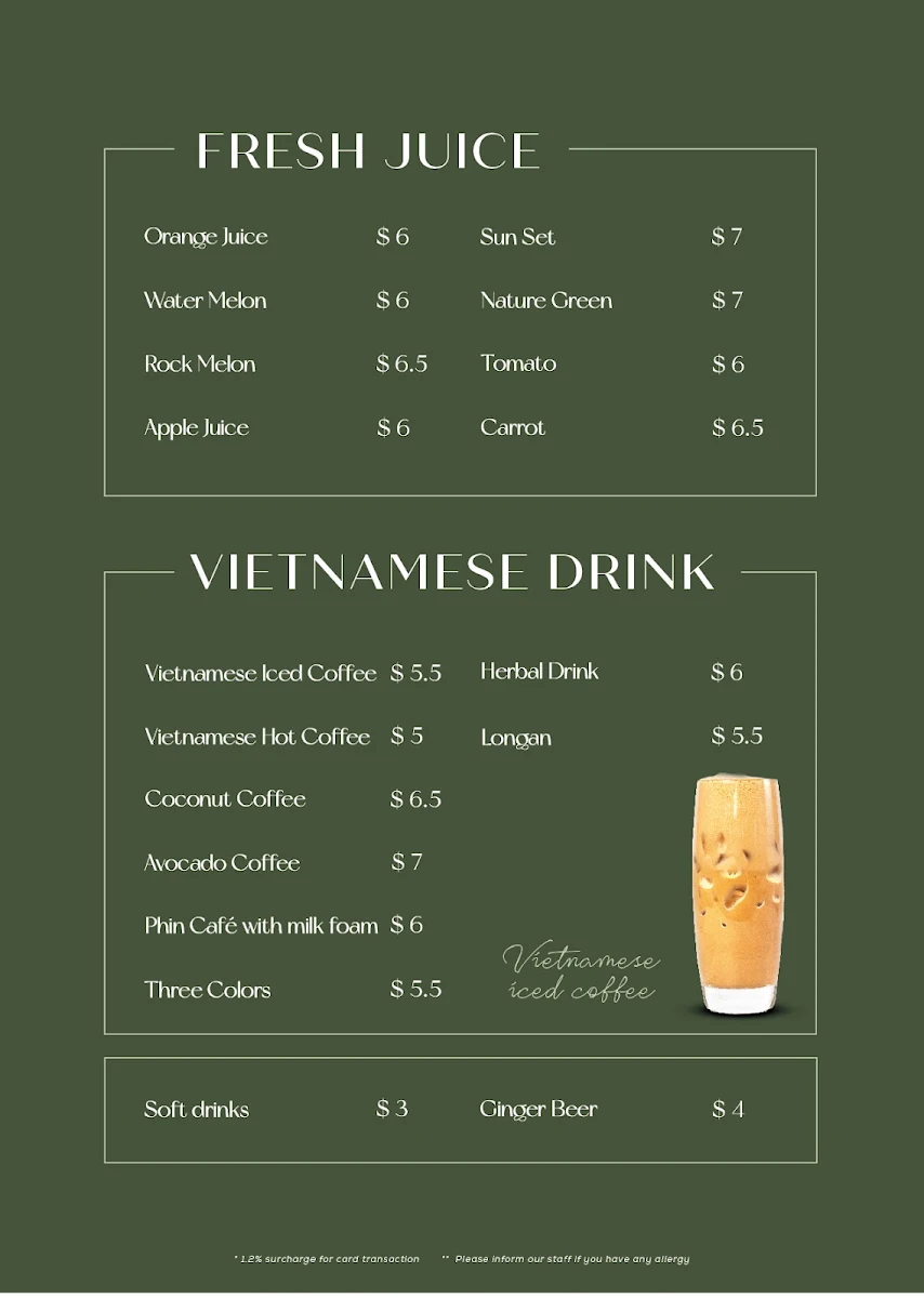 Menu, Madam Pho Newington