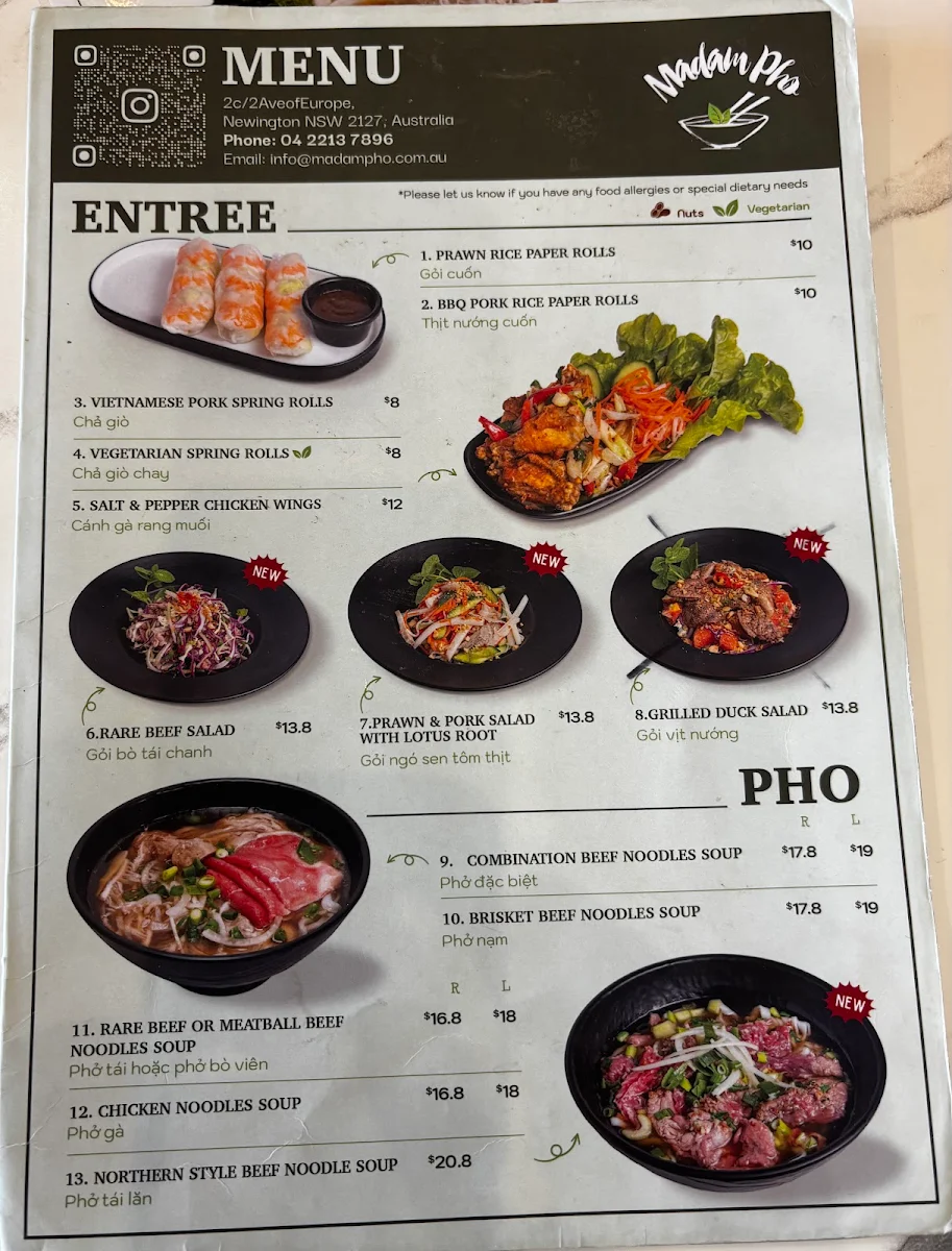 Menu, Madam Pho Newington