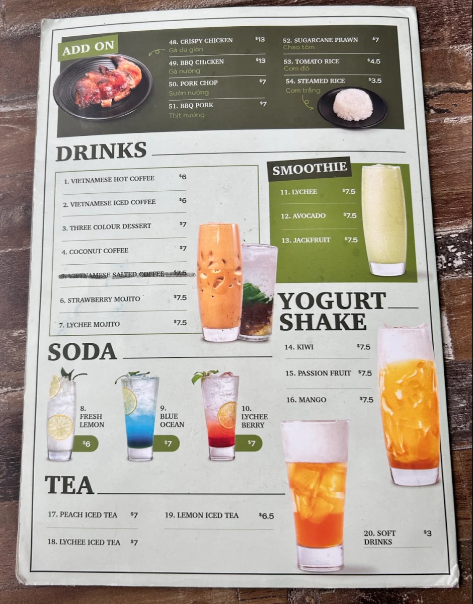 Menu, Madam Pho Newington