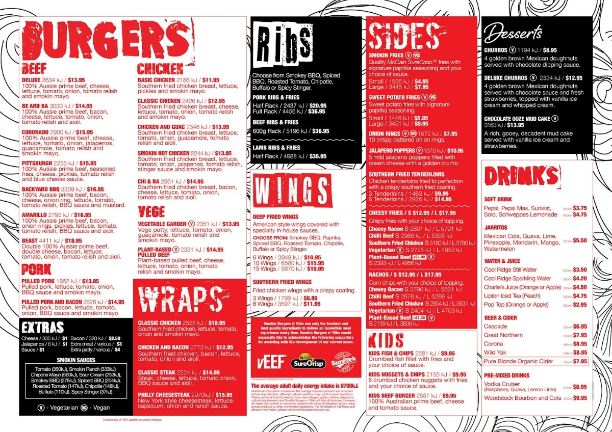 Menu, Smokin Burgers n' Ribs Lismore