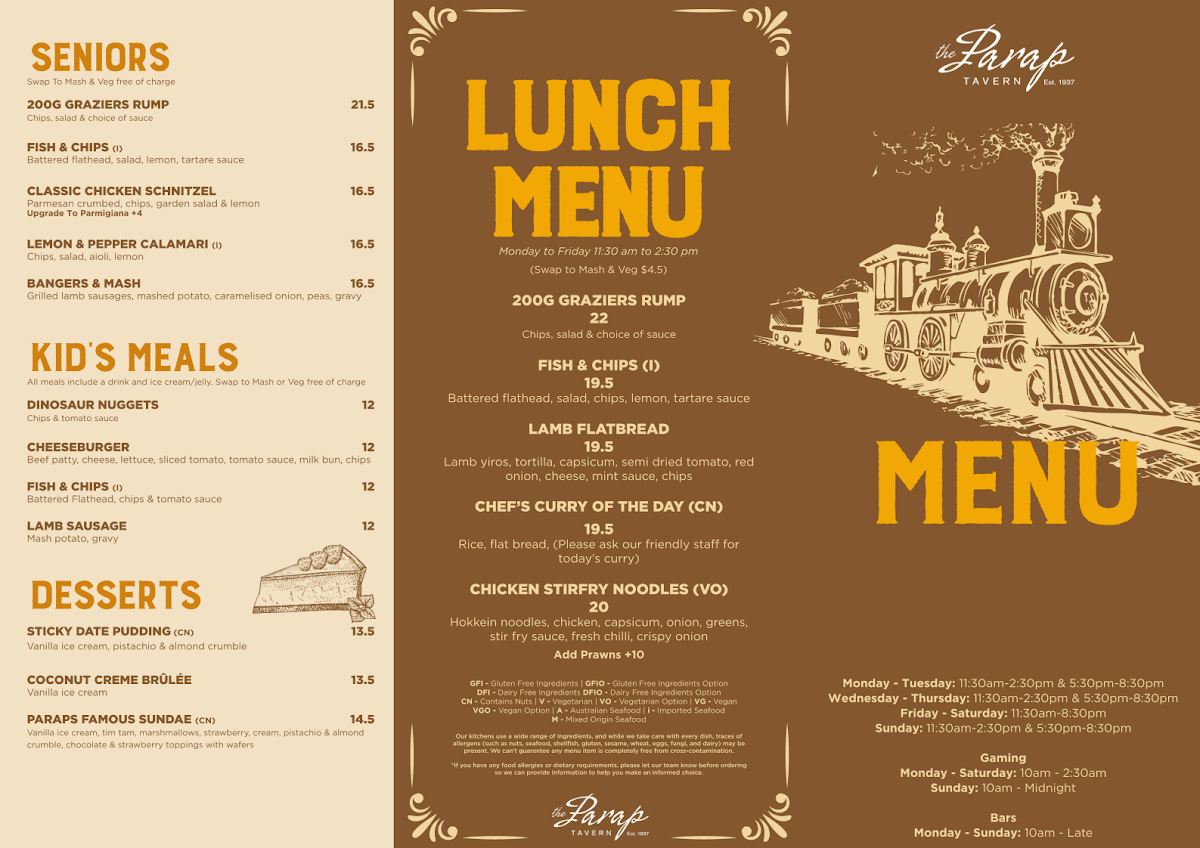 Menu, Parap Tavern
