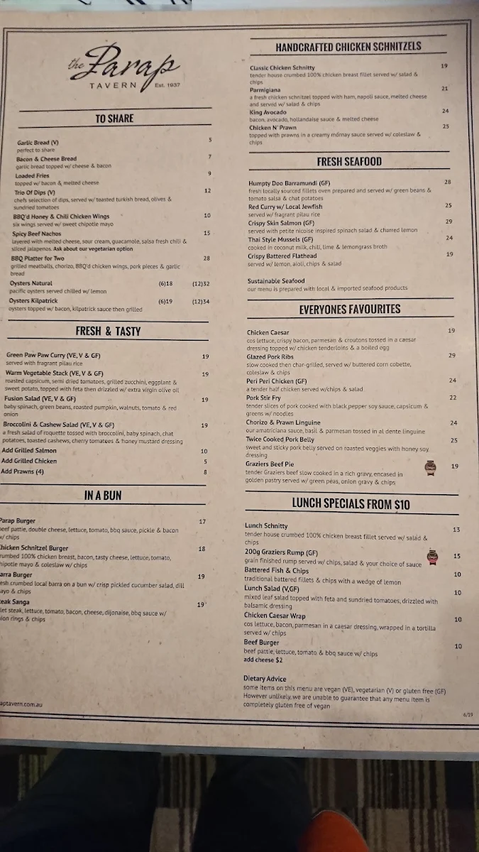 Menu, Parap Tavern