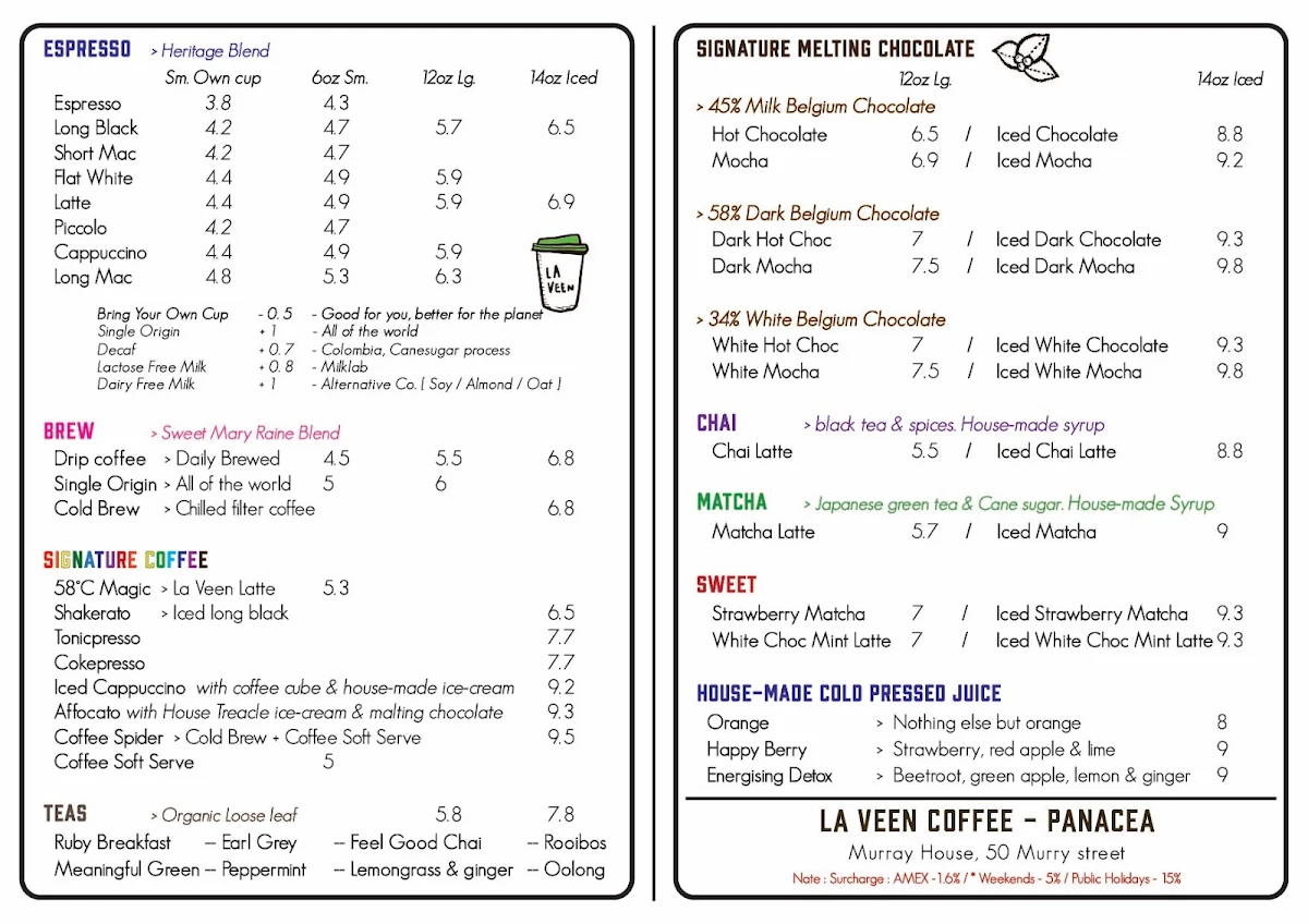 Menu, La Veen Coffee - Panacea